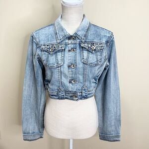 Y2K Soho Babe Cropped Jeweled Studded Jean Jacket Medium